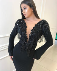 Deep V-neck Open Back Black Prom Dresses | Mermaid Long Sleeve Beads Tassels Evening Gown