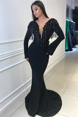 Deep V-neck Open Back Black Prom Dresses | Mermaid Long Sleeve Beads Tassels Evening Gown