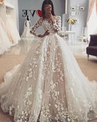 Delicate Lace Appliques Long Sleeves Wedding Dresses | Floral Puffy Ball Gown Bridal Dresses