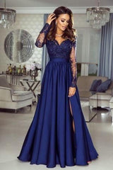 Design Dark Blue Long Sleeve Prom Dress With Lace