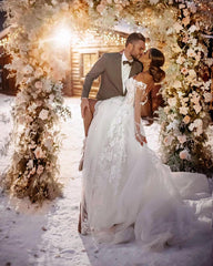 Designer A-line Lace Off-the-shoulder Tulle Wedding Dresses With Sleeves