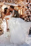 Designer A-line Lace Off-the-shoulder Tulle Wedding Dresses With Sleeves