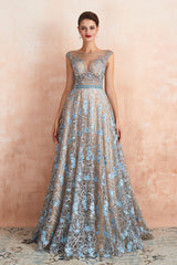 Designer Cap Sleeves Crystal Long Prom Dress With Blue Appliques