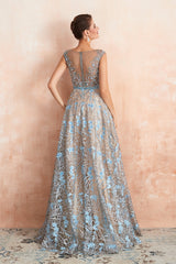 Designer Cap Sleeves Crystal Long Prom Dress With Blue Appliques