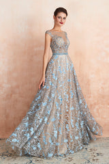 Designer Cap Sleeves Crystal Long Prom Dress With Blue Appliques