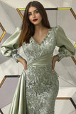 Designer Long Dusty Sage Mermaid Long Sleeves Evening Dresses With Lace