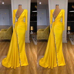 Designer Long Yellow V-Neck Sequined Split Prom Dress With Long Sleeves