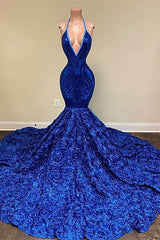 Dignified Blue Halter V-neck Sequins Split Front Sleeveless Floor-length Mermaid Prom Dresses