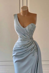 Dusty Blue One Shoulder Long Glitter Evening Dresses