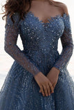 Dusty Blue Sequined A-Line Long Sleeves Sweetheart Prom Dress