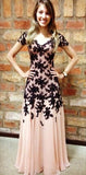 Elegant A-Line Black Lace Applique Prom Dress Short Sleeve Chiffon Long Evening Gown