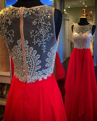 Elegant A-Line Chiffon Long Prom Dress with Beading Red Crystal Zipper Evening Gown