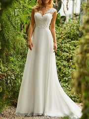 Elegant A-Line Chiffon White Lace Sweetheart Wedding Dresses