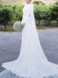 Elegant A-Line Wedding Dresses Off Shoulder Satin Long Sleeve Formal Plus Size Bridal Gowns with Sweep Train