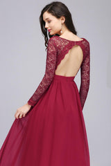 Elegant A-line Chiffon Lace Long Sleeves Evening Dress in Stock