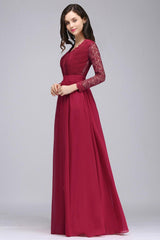 Elegant A-line Chiffon Lace Long Sleeves Evening Dress in Stock