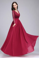 Elegant A-line Chiffon Lace Long Sleeves Evening Dress in Stock