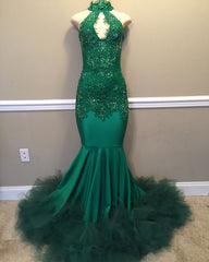 Elegant Beads Appliques Halter Prom Dresses | Mermaid Sleeveless Tulle Evening Dresses