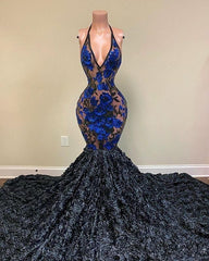 Elegant Black Appliques V-neck Halter Sleeveless Floor-length Mermaid Prom Dresses