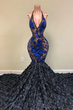 Elegant Black Appliques V-neck Halter Sleeveless Floor-length Mermaid Prom Dresses