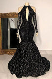 Elegant Black Long Sleeves Prom Dress Mermaid With Bottom Flowers