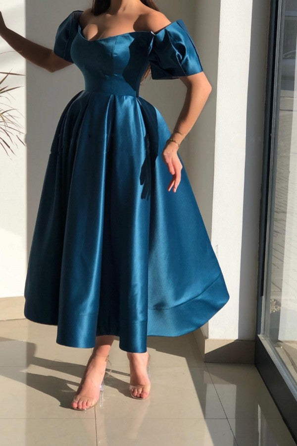 Elegant Blue A-line Off-the-shoulder Prom Dresses