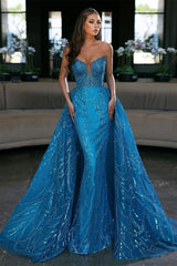 Elegant Blue Long Sleeveless Evening Dress With Detachable Train Mermaid