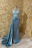 Elegant Blue Strapless Sleeveless Mermaid Elastic Woven Satin Prom Dresses with Ruffles