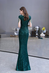 Elegant Cap Sleeve Green Prom Dress | Sequins Long Evening Gowns