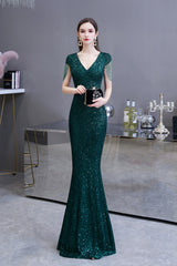 Elegant Cap Sleeve Green Prom Dress | Sequins Long Evening Gowns