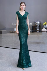 Elegant Cap Sleeve Green Prom Dress | Sequins Long Evening Gowns