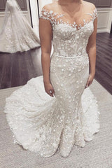 Elegant Cap Sleeves Mermaid Wedding Dress Long With Appliques