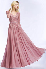 Elegant Chiffon Lace Dusty Rose Evening Dress in Stock