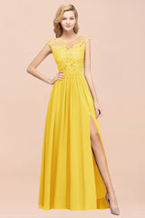 Elegant Chiffon Lace Sleeveless Long Bridesmaid Dresses with Appliques