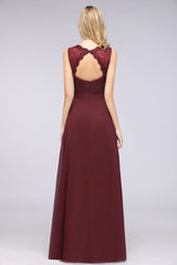 Elegant Chiffon Lace Sleeveless V-Neck Long Bridesmaid Dresses with Ruffles