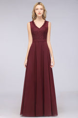 Elegant Chiffon Lace Sleeveless V-Neck Long Bridesmaid Dresses with Ruffles