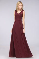 Elegant Chiffon Lace Sleeveless V-Neck Long Bridesmaid Dresses with Ruffles