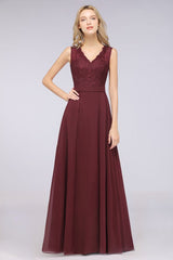 Elegant Chiffon Lace Sleeveless V-Neck Long Bridesmaid Dresses with Ruffles