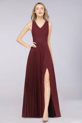 Elegant Chiffon Sleeveless V-Neck Bridesmaid Dress Long Ruffles Side Split Evening Gown