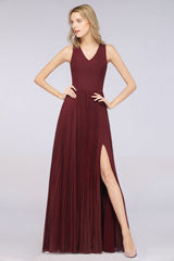 Elegant Chiffon Sleeveless V-Neck Bridesmaid Dress Long Ruffles Side Split Evening Gown