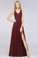 Elegant Chiffon Sleeveless V-Neck Bridesmaid Dress Long Ruffles Side Split Evening Gown