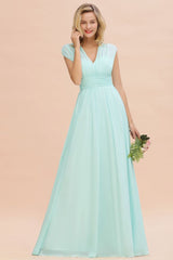 Elegant Chiffon Sleeveless V-Neck Long Elegant Bridesmaid Dress with Ruffles