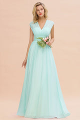 Elegant Chiffon Sleeveless V-Neck Long Elegant Bridesmaid Dress with Ruffles