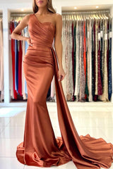 Elegant Coral One-shoulder Sleeveless Mermaid Floor-Length Satin Prom Dresses with Ruffles