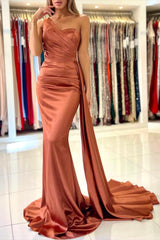 Elegant Coral One-shoulder Sleeveless Mermaid Floor-Length Satin Prom Dresses with Ruffles