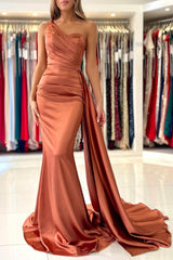 Elegant Coral One-shoulder Sleeveless Mermaid Floor-Length Satin Prom Dresses with Ruffles