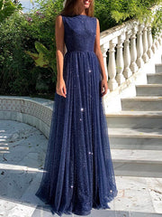 Elegant Dark Blue Sequins Prom Dress Long Sleeveless