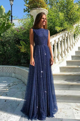 Elegant Dark Blue Sequins Prom Dress Long Sleeveless