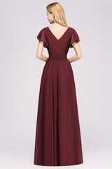 Elegant Elegant V-Neck Short Sleeve Bridesmaid Dresses with Bow Sash Long Chiffon