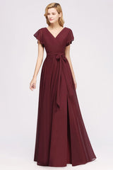 Elegant Elegant V-Neck Short Sleeve Bridesmaid Dresses with Bow Sash Long Chiffon